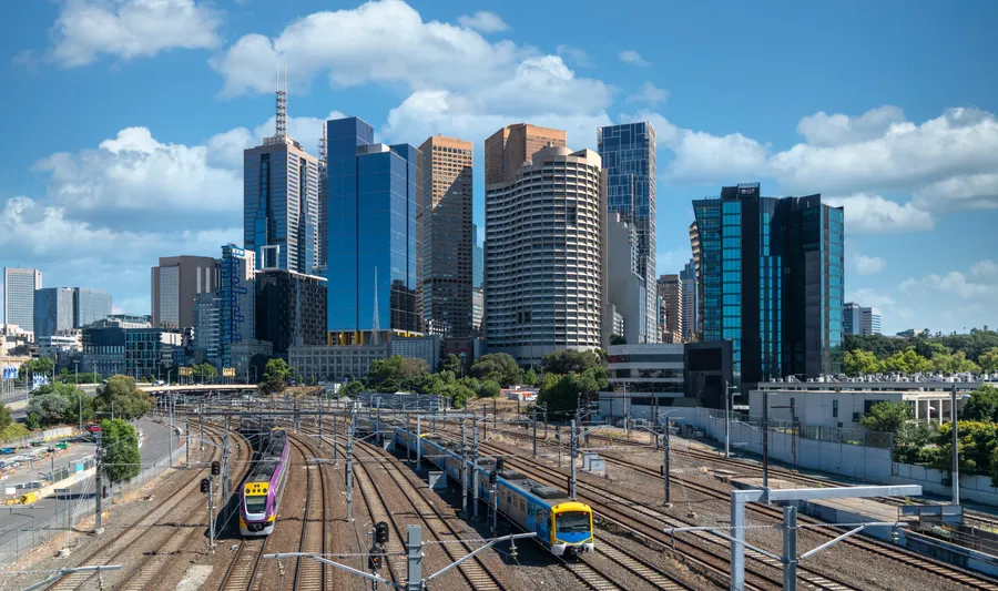 Australian city skyline with rail infrastructure in foreground